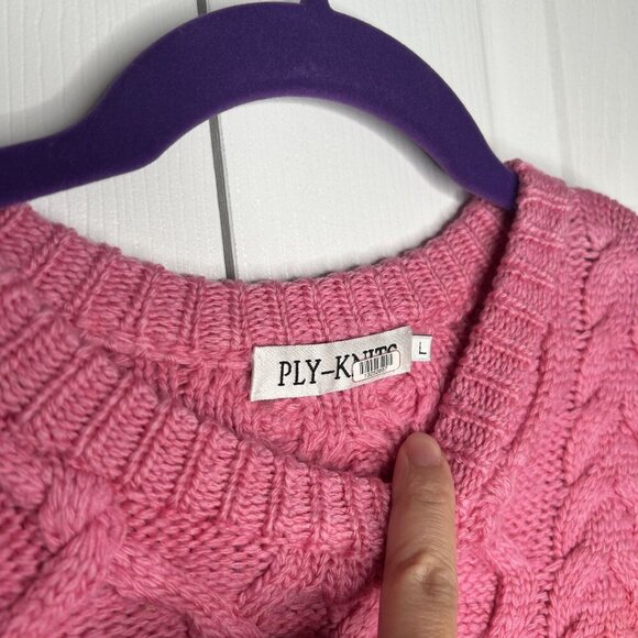 Ply-Knits Frida Pink Red Ombre Cable Knit Wool Sweater Women's Size Large L - Picture 3 of 8